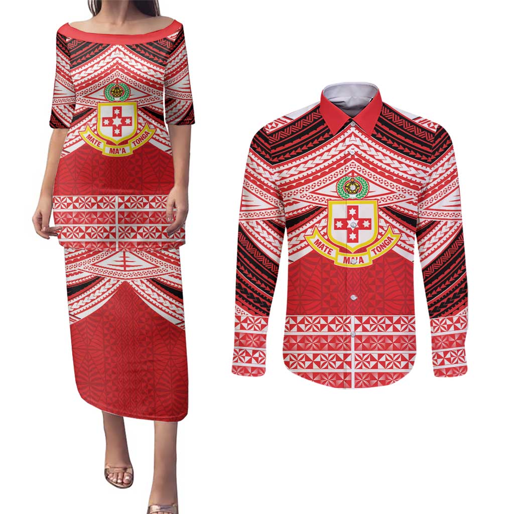 Personalised Kolisi Tonga College Atele Couples Matching Puletasi and Long Sleeve Button Shirt Polynesian Ngatu Tribal LT9 Red - Polynesian Pride