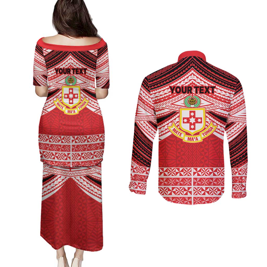 Personalised Kolisi Tonga College Atele Couples Matching Puletasi and Long Sleeve Button Shirt Polynesian Ngatu Tribal LT9 - Polynesian Pride
