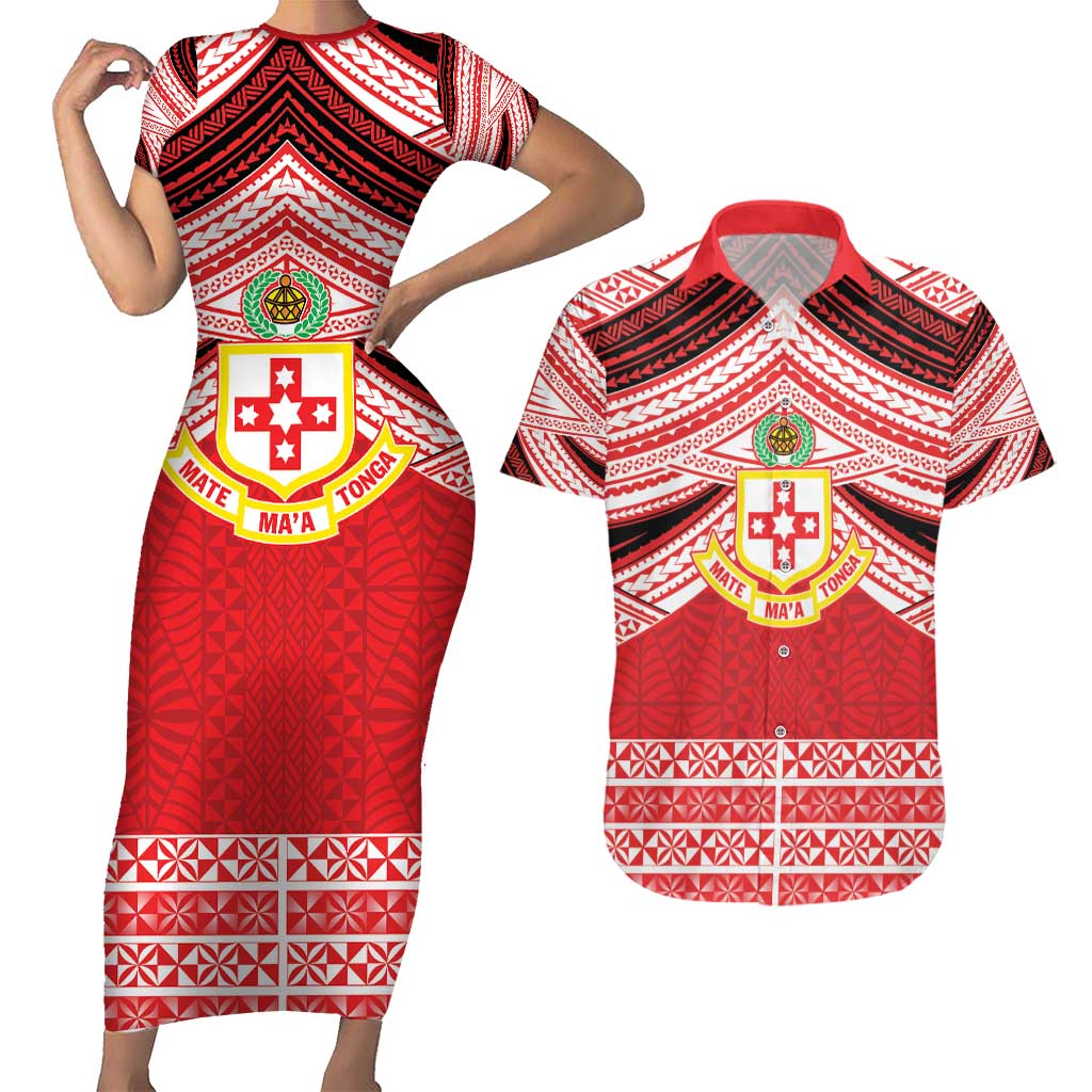 Personalised Kolisi Tonga College Atele Couples Matching Short Sleeve Bodycon Dress and Hawaiian Shirt Polynesian Ngatu Tribal LT9 Red - Polynesian Pride