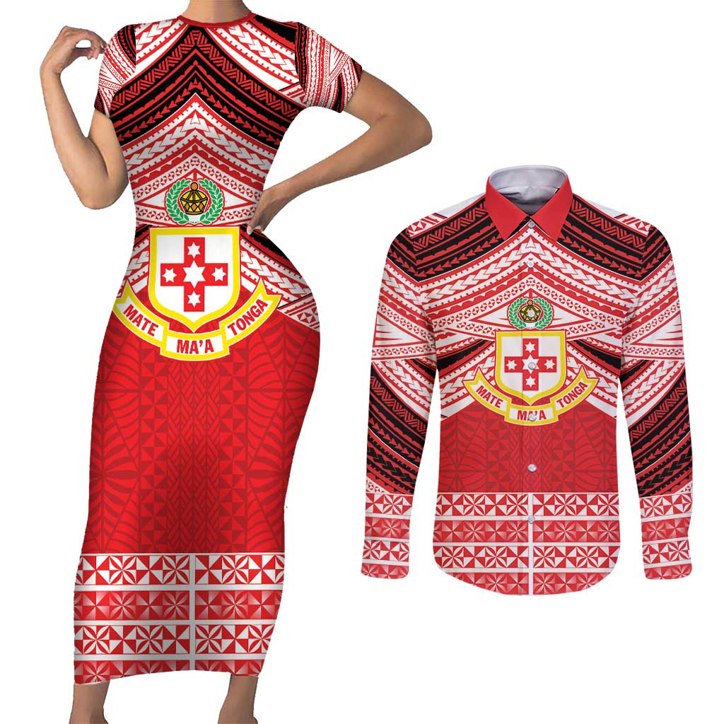 Personalised Kolisi Tonga College Atele Couples Matching Short Sleeve Bodycon Dress and Long Sleeve Button Shirt Polynesian Ngatu Tribal LT9 Red - Polynesian Pride