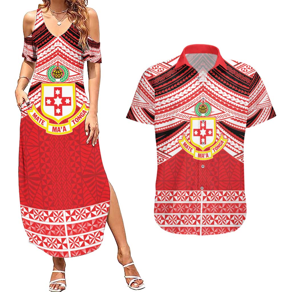 Personalised Kolisi Tonga College Atele Couples Matching Summer Maxi Dress and Hawaiian Shirt Polynesian Ngatu Tribal LT9 Red - Polynesian Pride