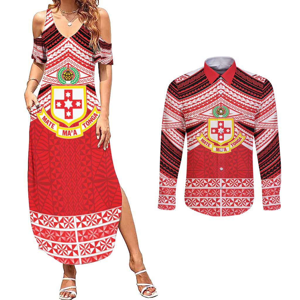 Personalised Kolisi Tonga College Atele Couples Matching Summer Maxi Dress and Long Sleeve Button Shirt Polynesian Ngatu Tribal LT9 Red - Polynesian Pride