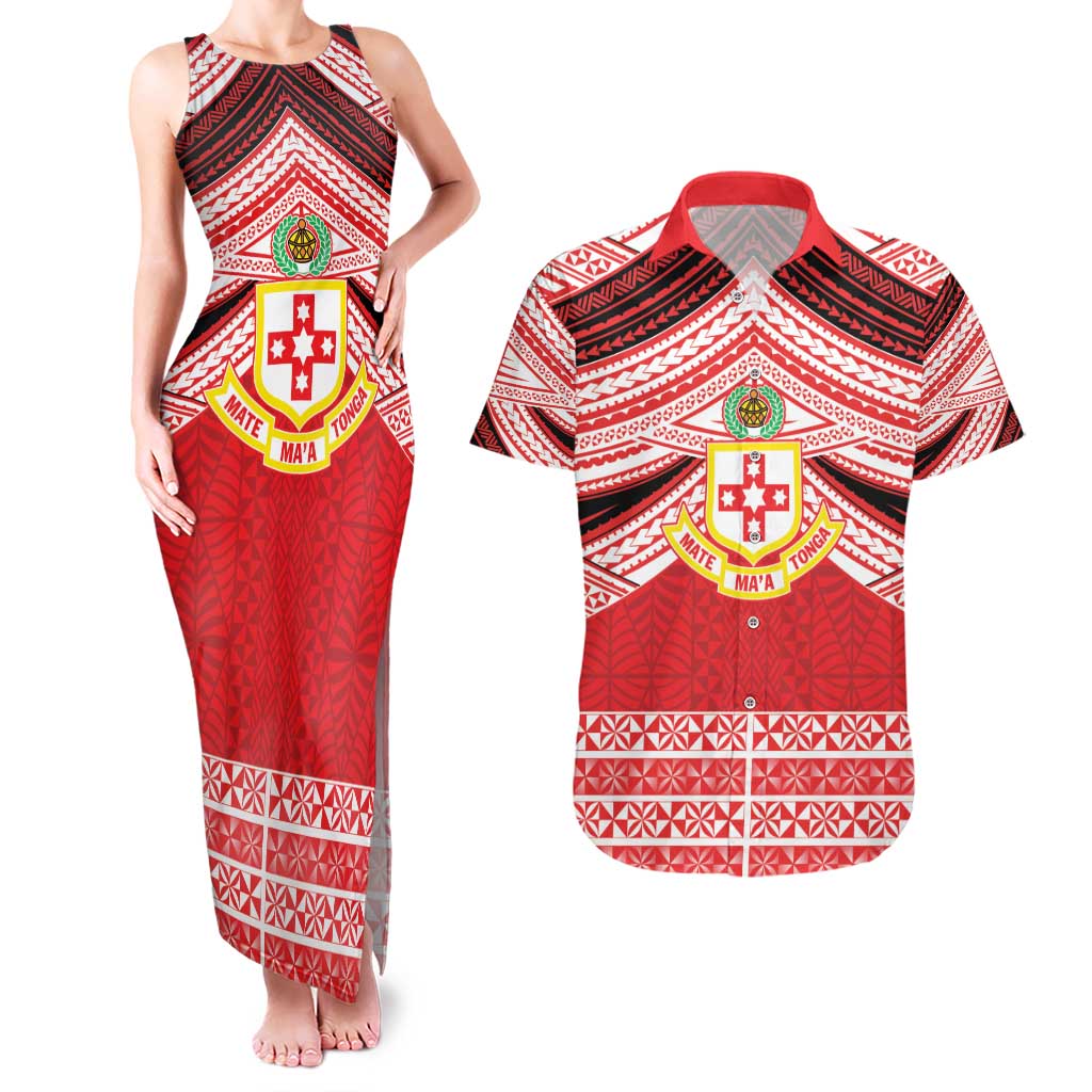 Personalised Kolisi Tonga College Atele Couples Matching Tank Maxi Dress and Hawaiian Shirt Polynesian Ngatu Tribal LT9 Red - Polynesian Pride