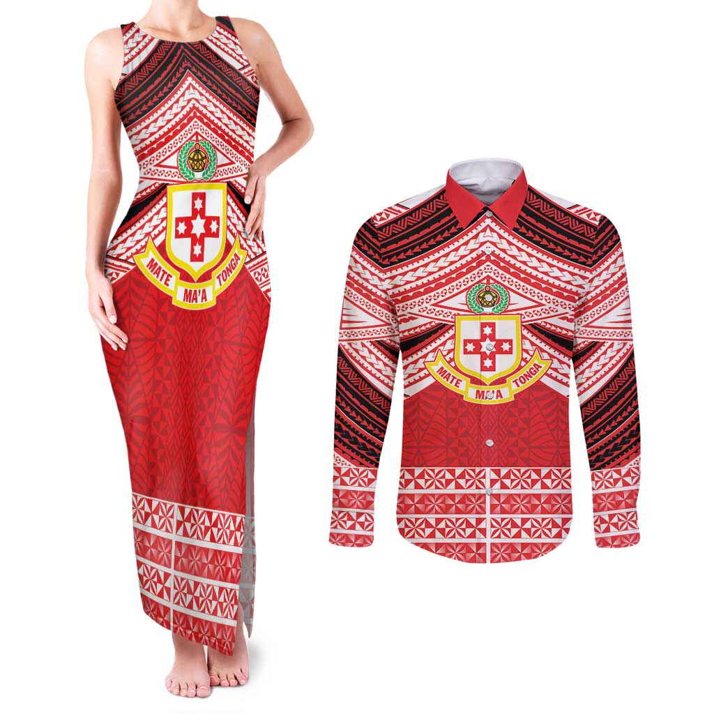 Personalised Kolisi Tonga College Atele Couples Matching Tank Maxi Dress and Long Sleeve Button Shirt Polynesian Ngatu Tribal LT9 Red - Polynesian Pride
