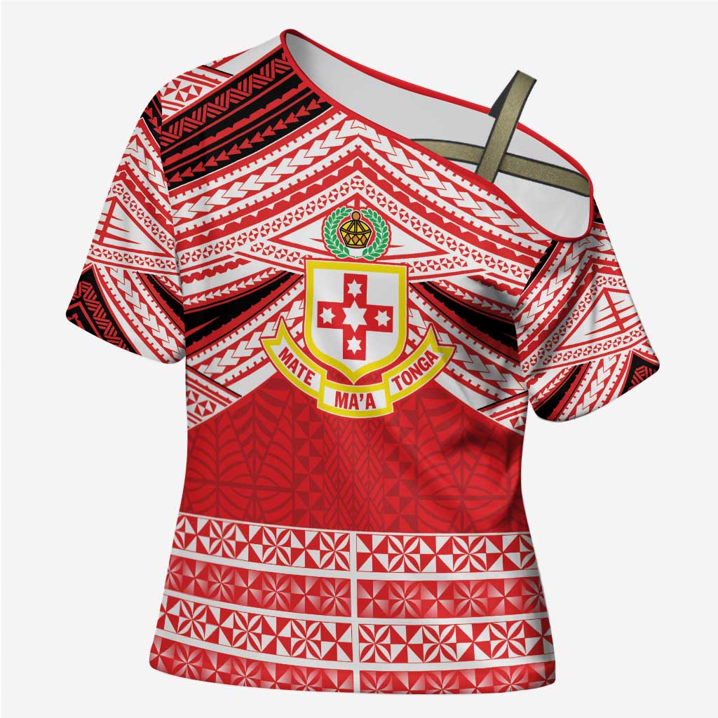 Personalised Kolisi Tonga College Atele Cross Shoulder Shirt Polynesian Ngatu Tribal LT9 Female Red - Polynesian Pride