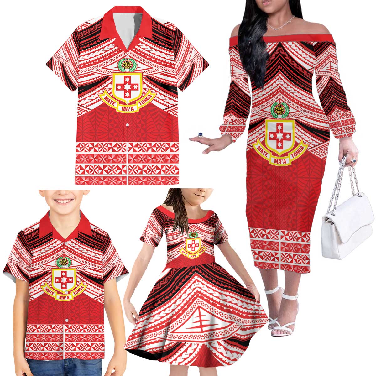 Personalised Kolisi Tonga College Atele Family Matching Off The Shoulder Long Sleeve Dress and Hawaiian Shirt Polynesian Ngatu Tribal