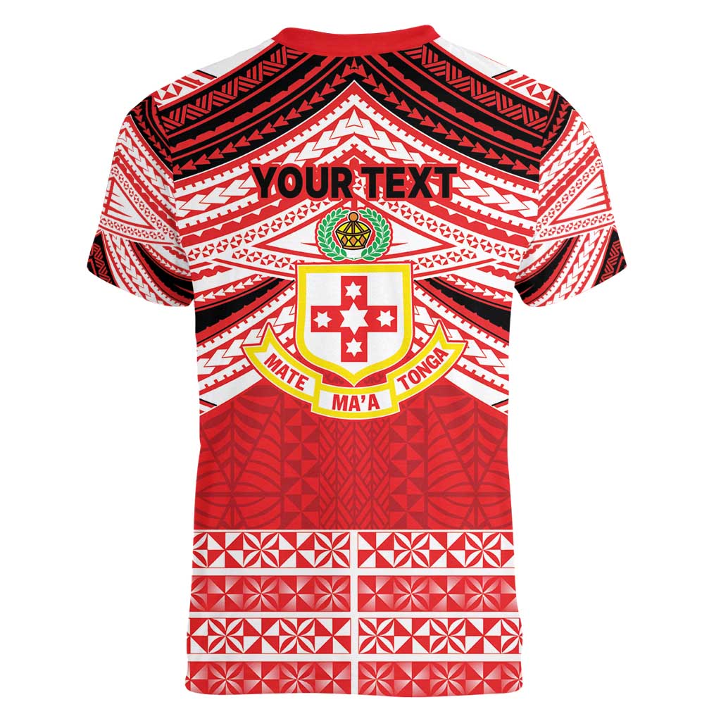 Personalised Kolisi Tonga College Atele Women V-Neck T-Shirt Polynesian Ngatu Tribal