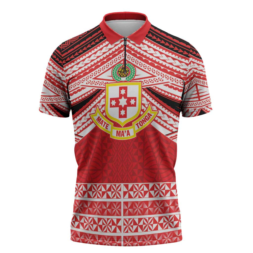 Personalised Kolisi Tonga College Atele Zipper Polo Shirt Polynesian Ngatu Tribal LT9 Red - Polynesian Pride