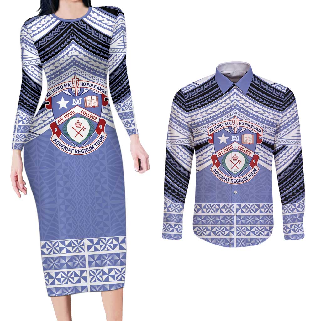 Personalised Tonga Apifoou College Couples Matching Long Sleeve Bodycon Dress and Long Sleeve Button Shirt Polynesian Ngatu Tribal LT9 Blue - Polynesian Pride