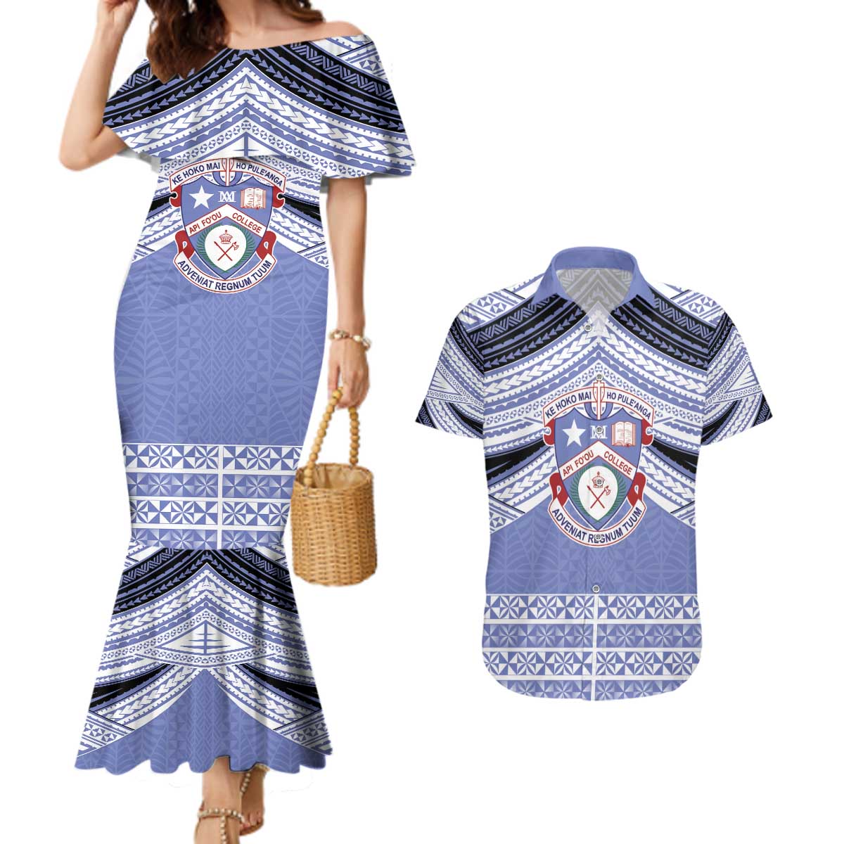 Personalised Tonga Apifoou College Couples Matching Mermaid Dress and Hawaiian Shirt Polynesian Ngatu Tribal LT9 Blue - Polynesian Pride