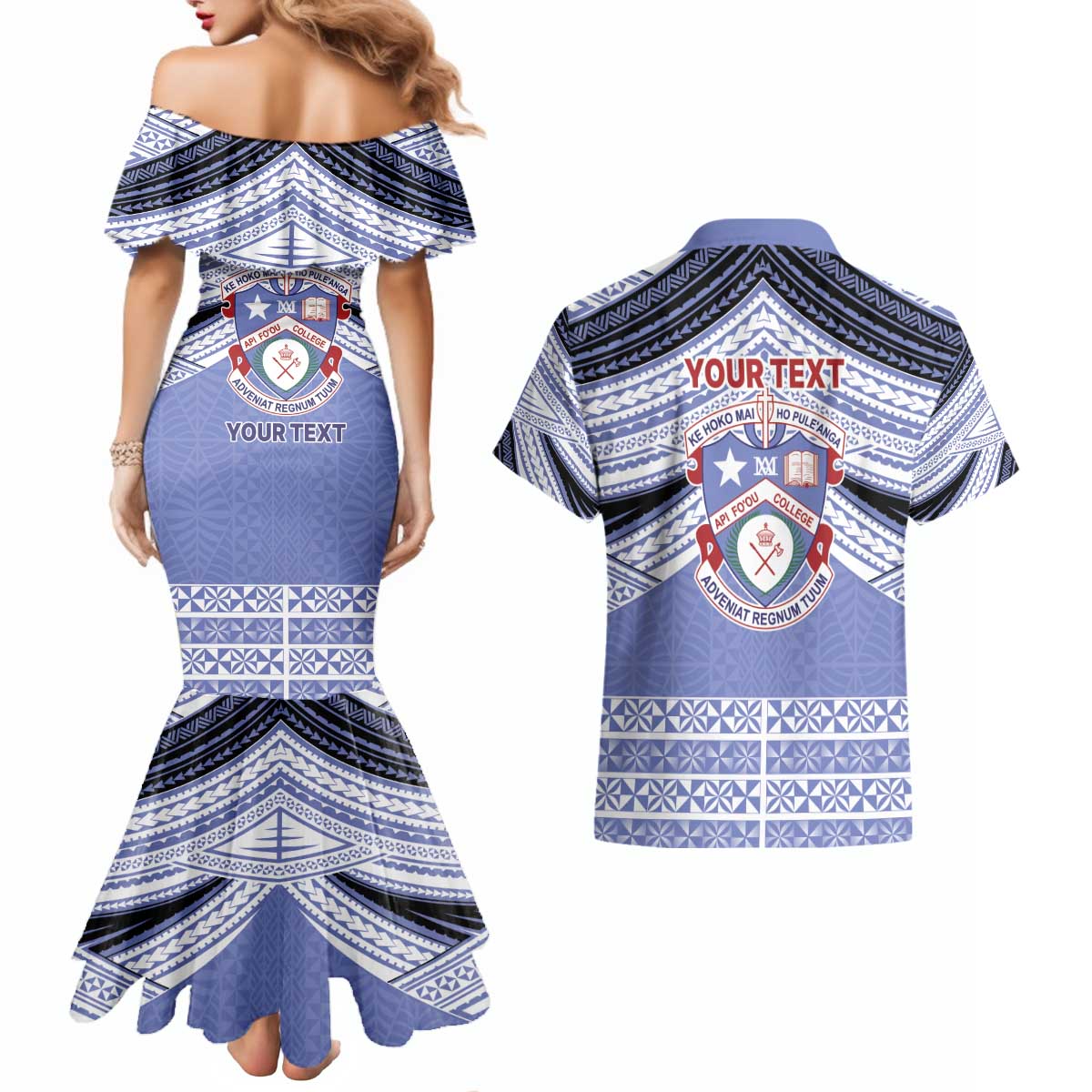 Personalised Tonga Apifoou College Couples Matching Mermaid Dress and Hawaiian Shirt Polynesian Ngatu Tribal
