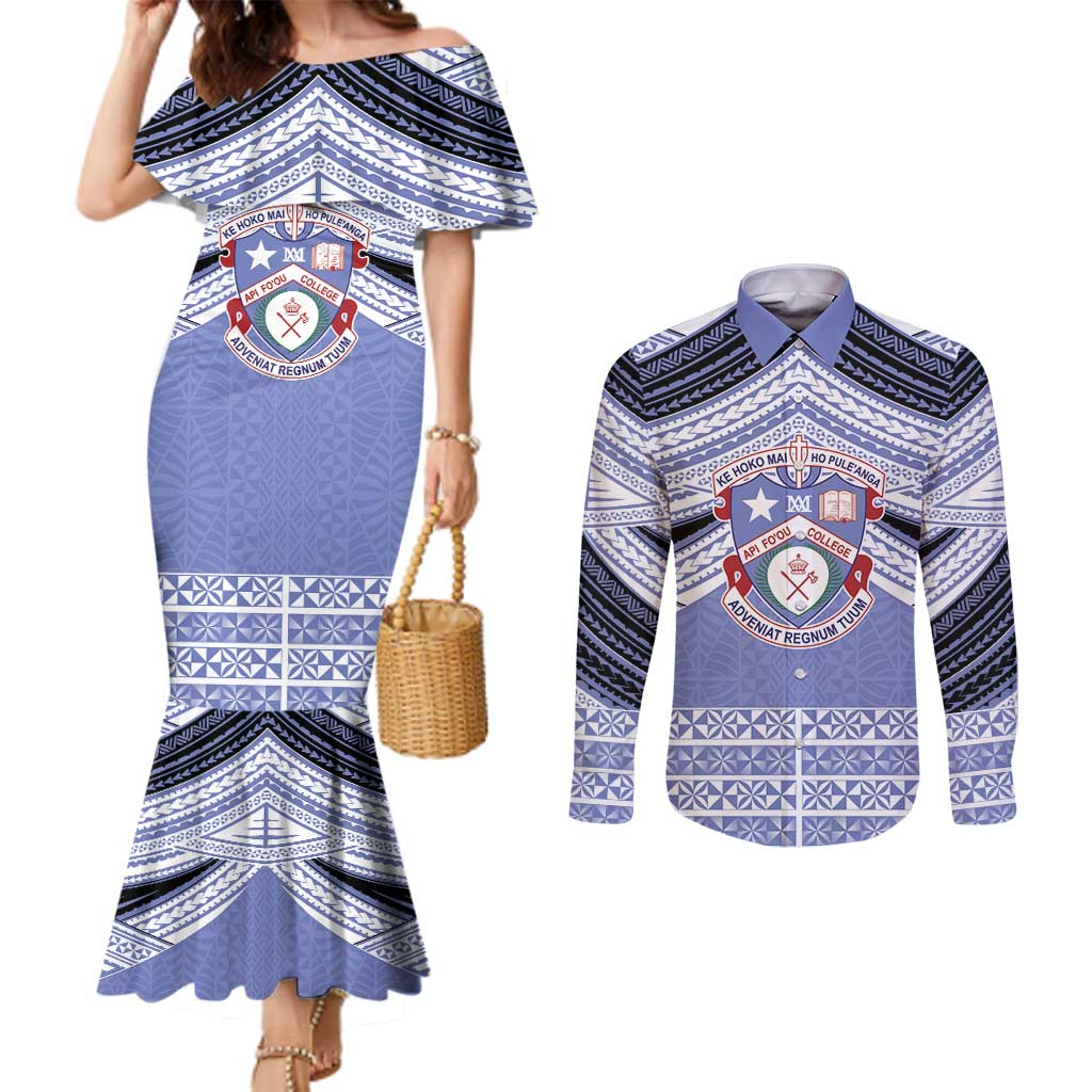 Personalised Tonga Apifoou College Couples Matching Mermaid Dress and Long Sleeve Button Shirt Polynesian Ngatu Tribal LT9 Blue - Polynesian Pride