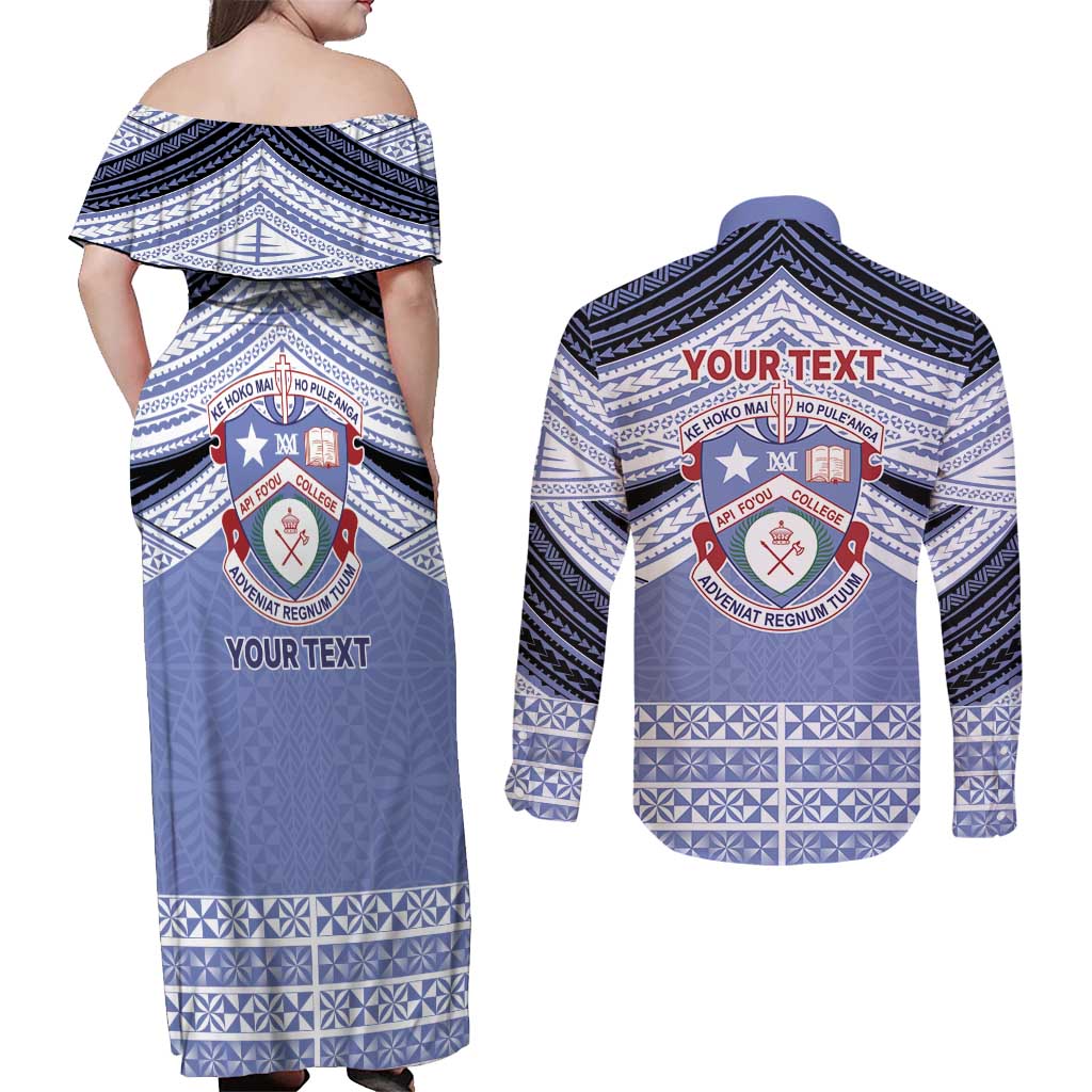Personalised Tonga Apifoou College Couples Matching Off Shoulder Maxi Dress and Long Sleeve Button Shirt Polynesian Ngatu Tribal
