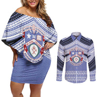 Personalised Tonga Apifoou College Couples Matching Off Shoulder Short Dress and Long Sleeve Button Shirt Polynesian Ngatu Tribal