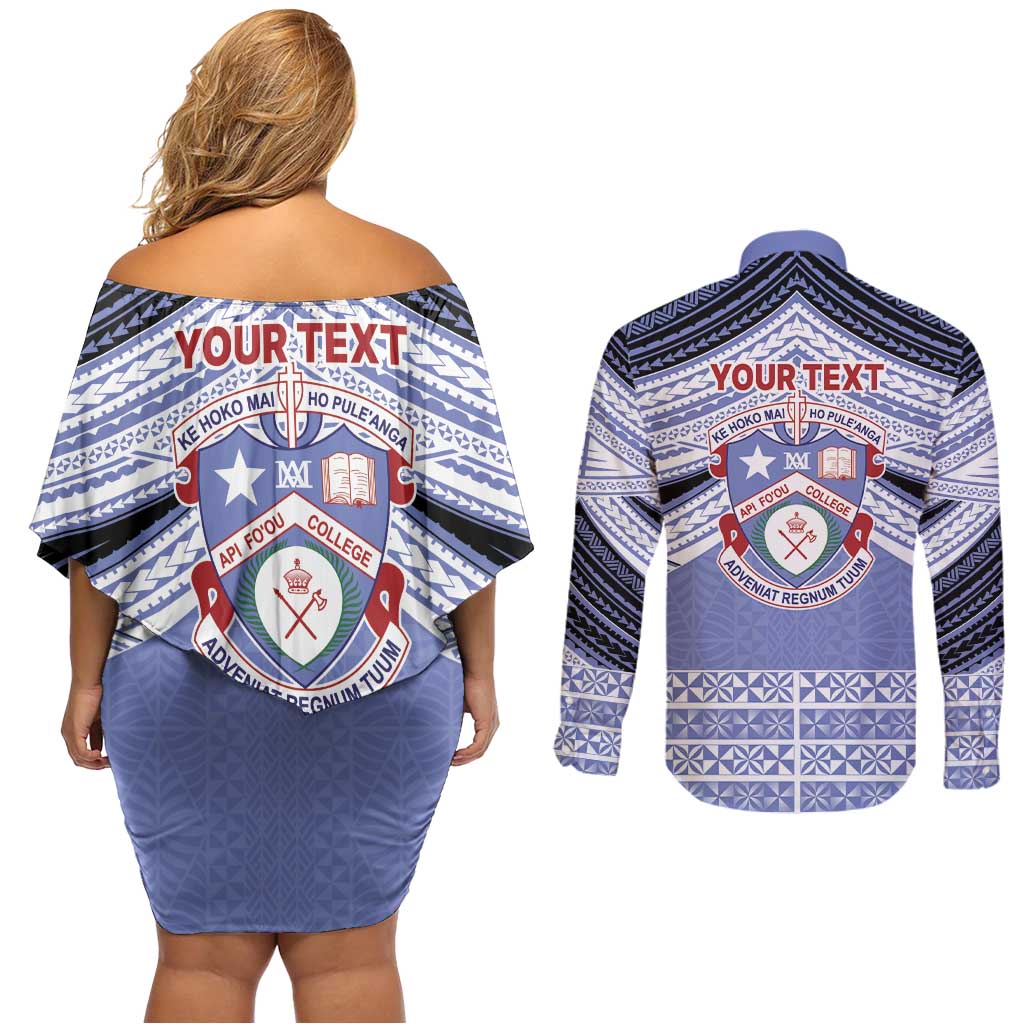 Personalised Tonga Apifoou College Couples Matching Off Shoulder Short Dress and Long Sleeve Button Shirt Polynesian Ngatu Tribal
