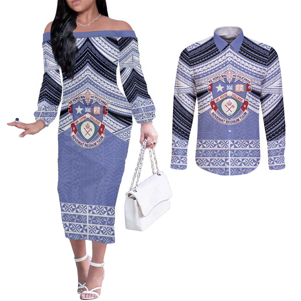 Personalised Tonga Apifoou College Couples Matching Off The Shoulder Long Sleeve Dress and Long Sleeve Button Shirt Polynesian Ngatu Tribal LT9 Blue - Polynesian Pride