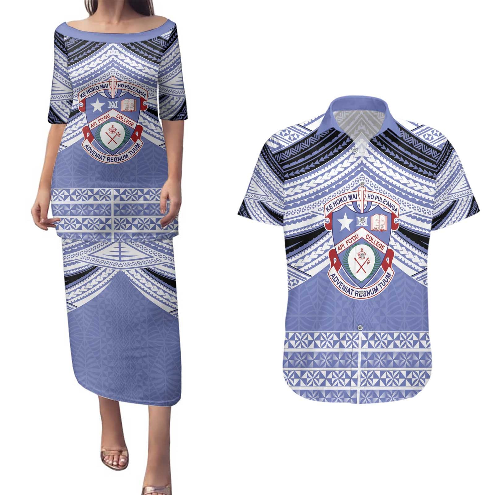 Personalised Tonga Apifoou College Couples Matching Puletasi and Hawaiian Shirt Polynesian Ngatu Tribal LT9 Blue - Polynesian Pride