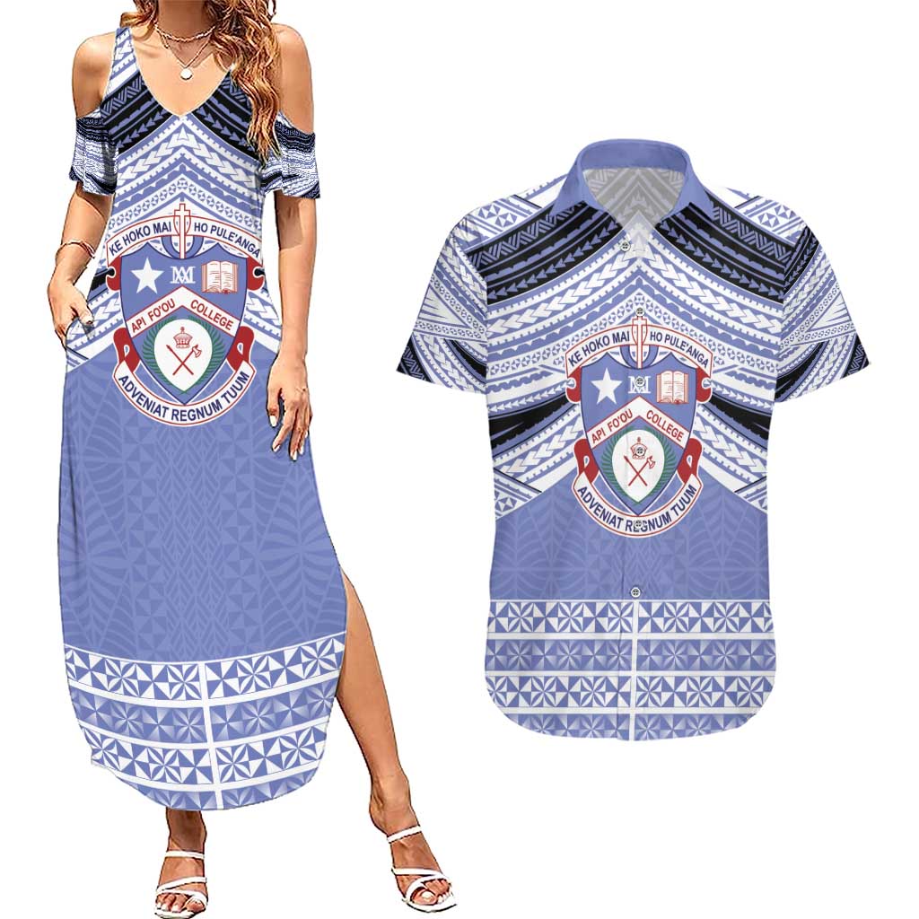 Personalised Tonga Apifoou College Couples Matching Summer Maxi Dress and Hawaiian Shirt Polynesian Ngatu Tribal LT9 Blue - Polynesian Pride
