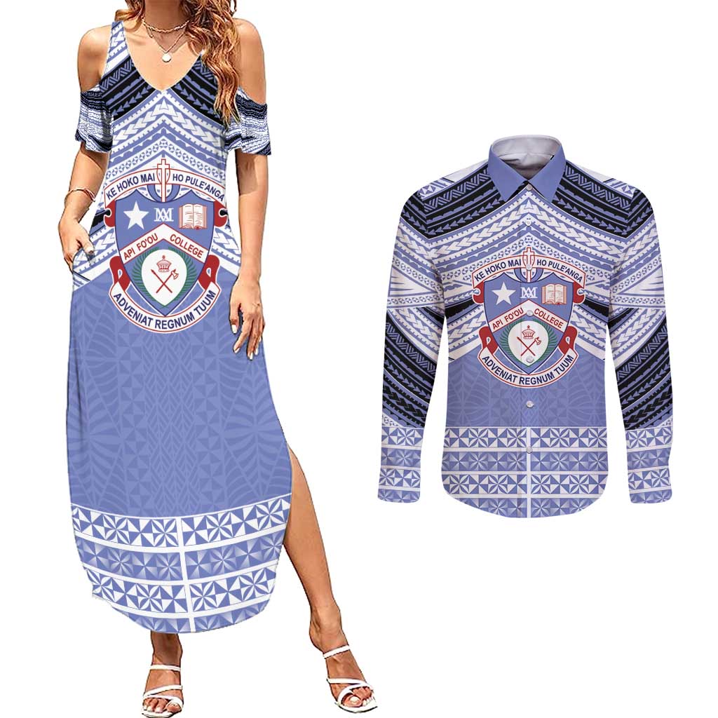 Personalised Tonga Apifoou College Couples Matching Summer Maxi Dress and Long Sleeve Button Shirt Polynesian Ngatu Tribal LT9 Blue - Polynesian Pride