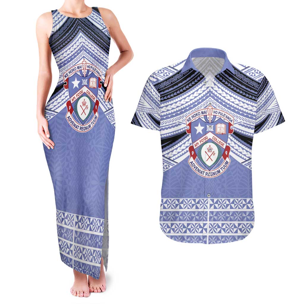Personalised Tonga Apifoou College Couples Matching Tank Maxi Dress and Hawaiian Shirt Polynesian Ngatu Tribal LT9 Blue - Polynesian Pride