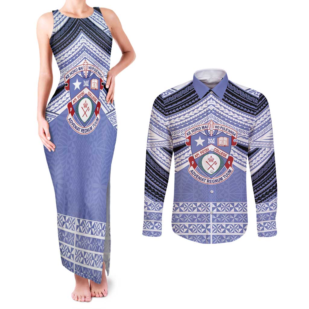 Personalised Tonga Apifoou College Couples Matching Tank Maxi Dress and Long Sleeve Button Shirt Polynesian Ngatu Tribal LT9 Blue - Polynesian Pride