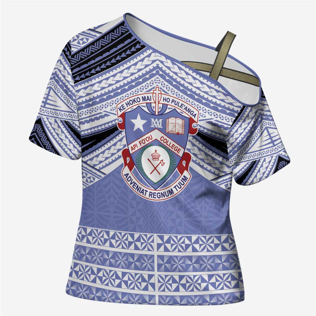 Personalised Tonga Apifoou College Cross Shoulder Shirt Polynesian Ngatu Tribal LT9 Female Blue - Polynesian Pride