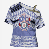 Personalised Tonga Apifoou College Cross Shoulder Shirt Polynesian Ngatu Tribal LT9 Female Blue - Polynesian Pride