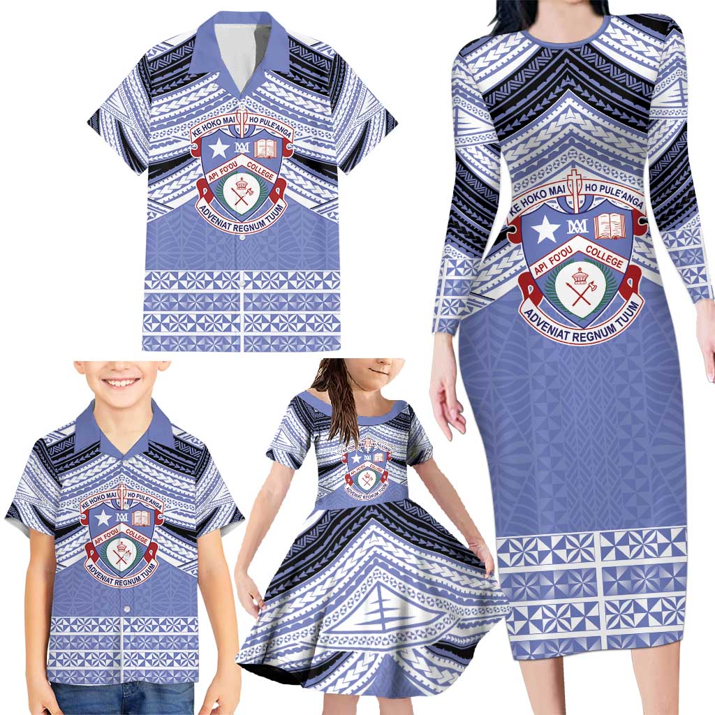 Personalised Tonga Apifoou College Family Matching Long Sleeve Bodycon Dress and Hawaiian Shirt Polynesian Ngatu Tribal