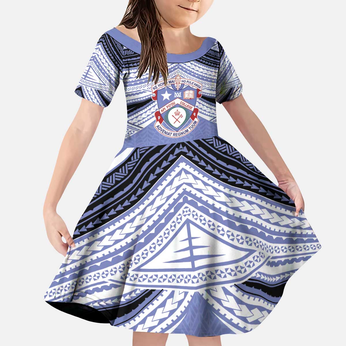 Personalised Tonga Apifoou College Kid Short Sleeve Dress Polynesian Ngatu Tribal LT9 KID Blue - Polynesian Pride