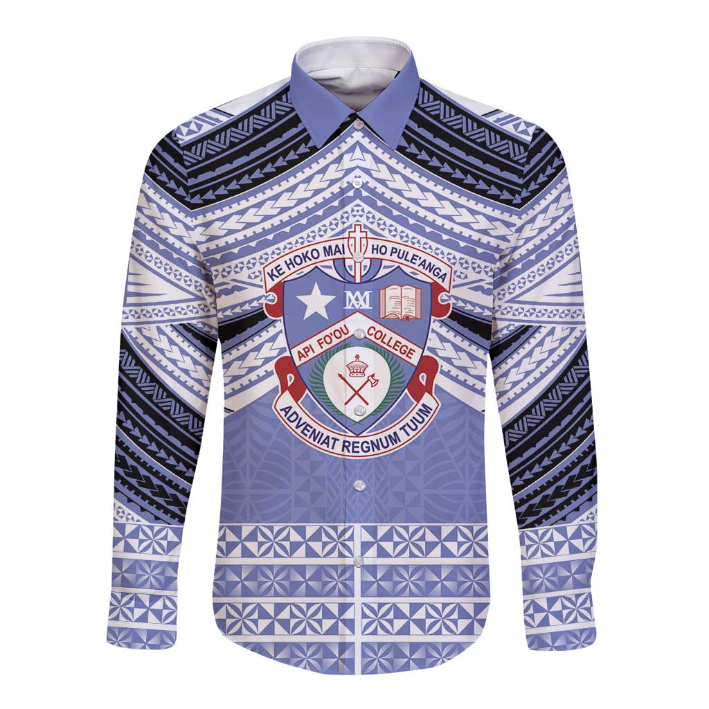 Personalised Tonga Apifoou College Long Sleeve Button Shirt Polynesian Ngatu Tribal LT9 Unisex Blue - Polynesian Pride
