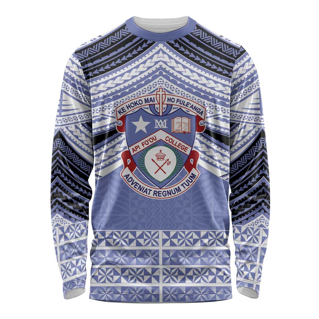 Personalised Tonga Apifoou College Long Sleeve Shirt Polynesian Ngatu Tribal LT9 Unisex Blue - Polynesian Pride