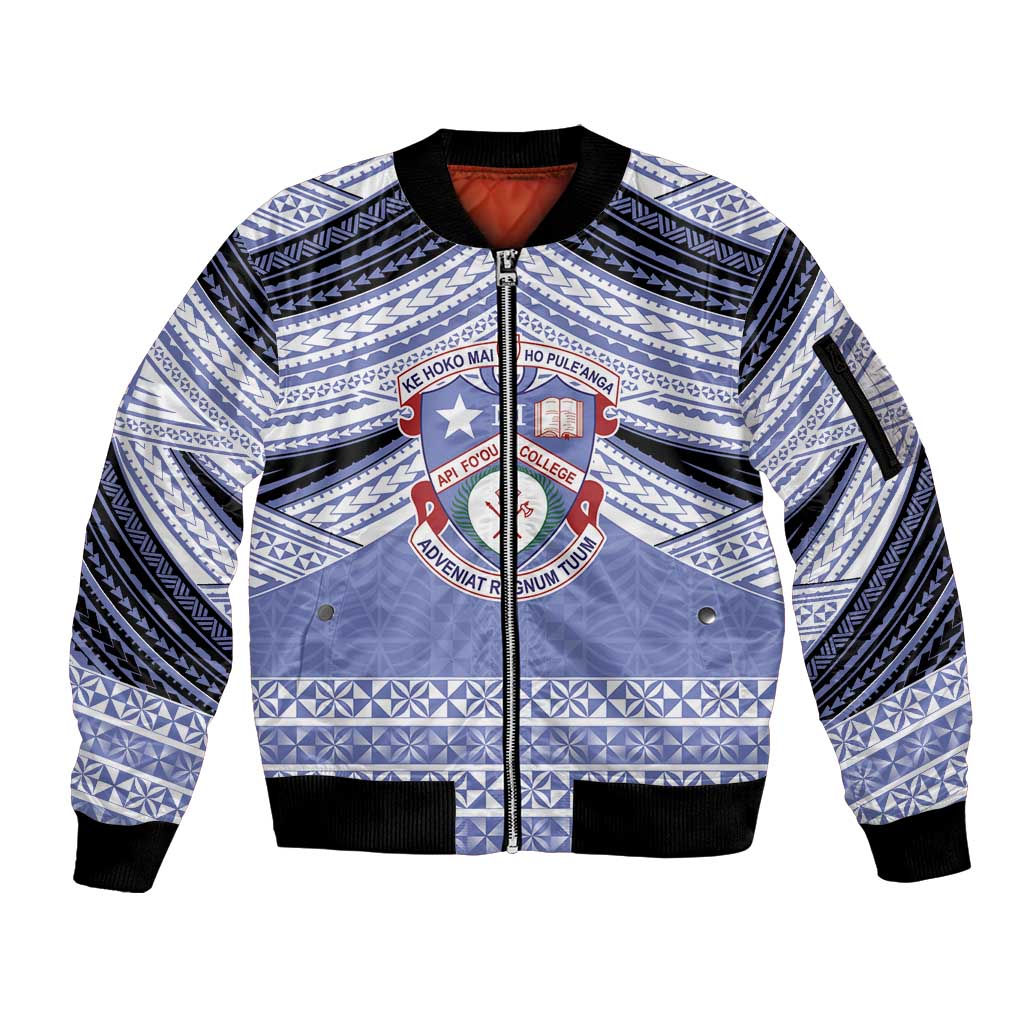 Personalised Tonga Apifoou College Sleeve Zip Bomber Jacket Polynesian Ngatu Tribal