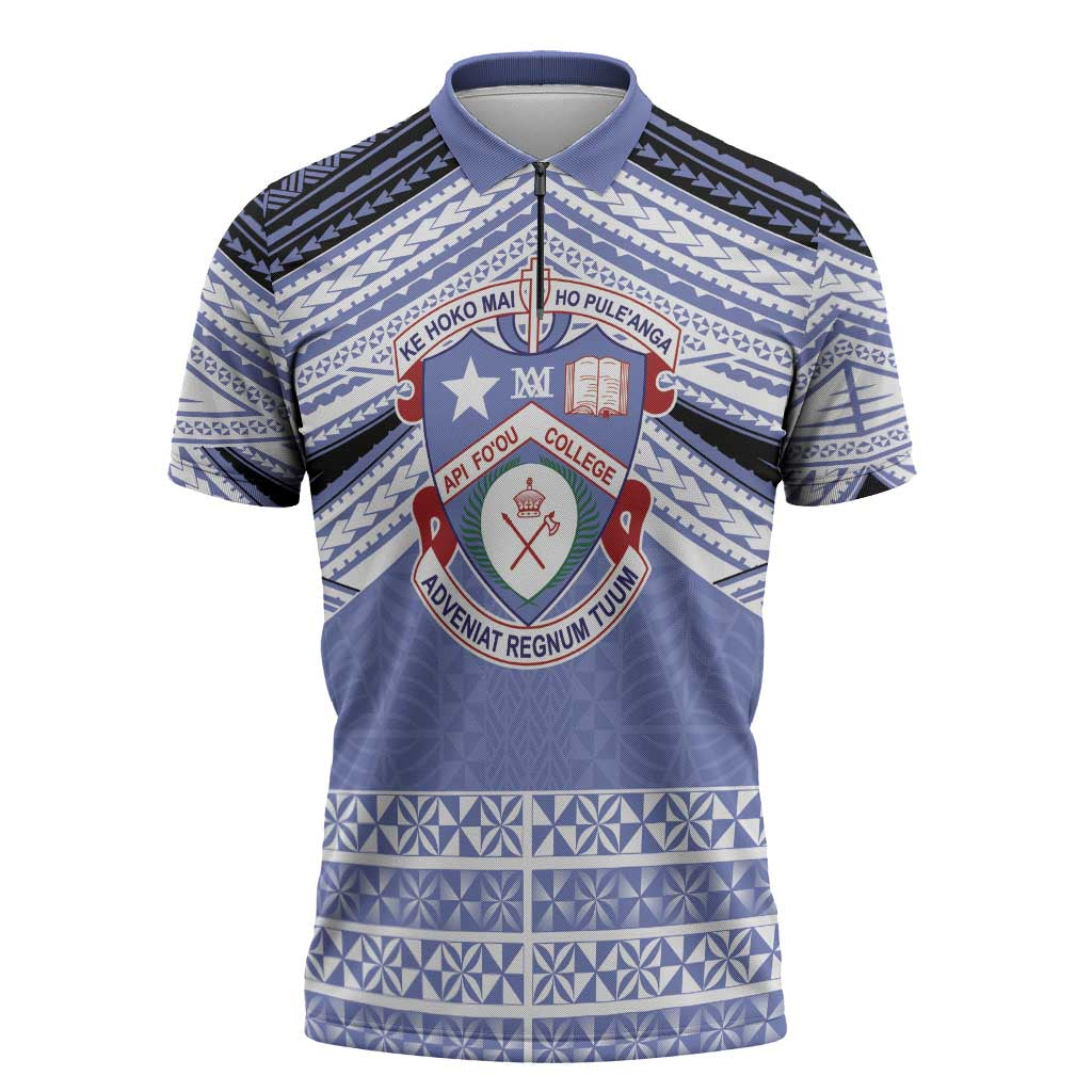 Personalised Tonga Apifoou College Zipper Polo Shirt Polynesian Ngatu Tribal LT9 Blue - Polynesian Pride