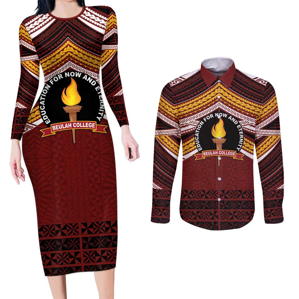 Personalised Tonga Beulah College Couples Matching Long Sleeve Bodycon Dress and Long Sleeve Button Shirt Polynesian Ngatu Tribal LT9 Red - Polynesian Pride