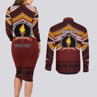 Personalised Tonga Beulah College Couples Matching Long Sleeve Bodycon Dress and Long Sleeve Button Shirt Polynesian Ngatu Tribal LT9 - Polynesian Pride
