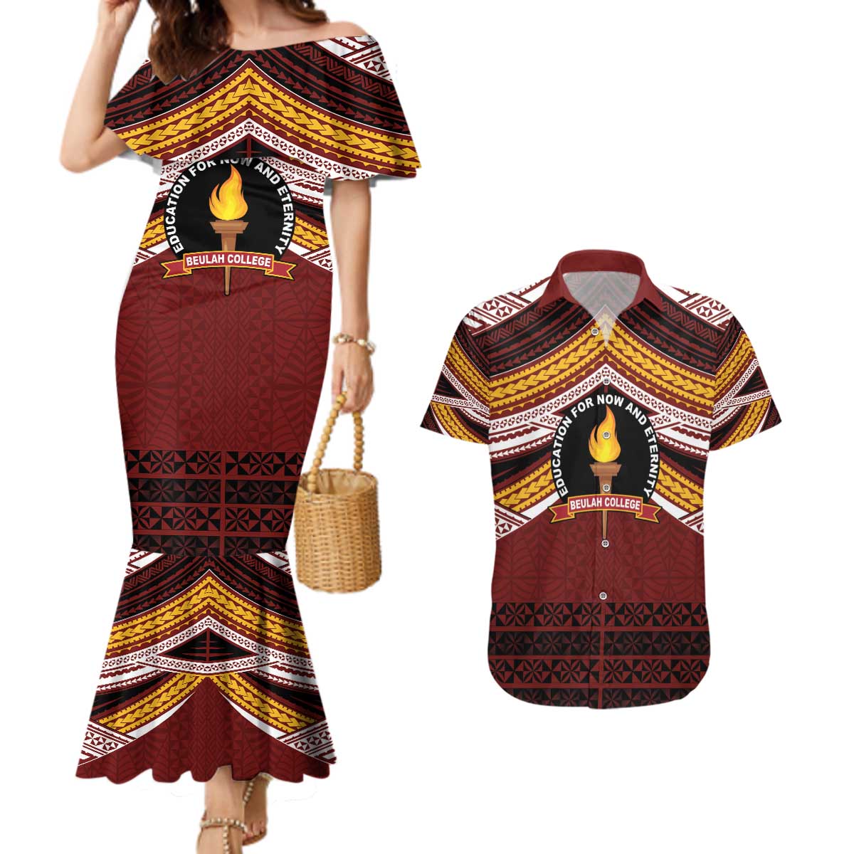 Personalised Tonga Beulah College Couples Matching Mermaid Dress and Hawaiian Shirt Polynesian Ngatu Tribal LT9 Red - Polynesian Pride