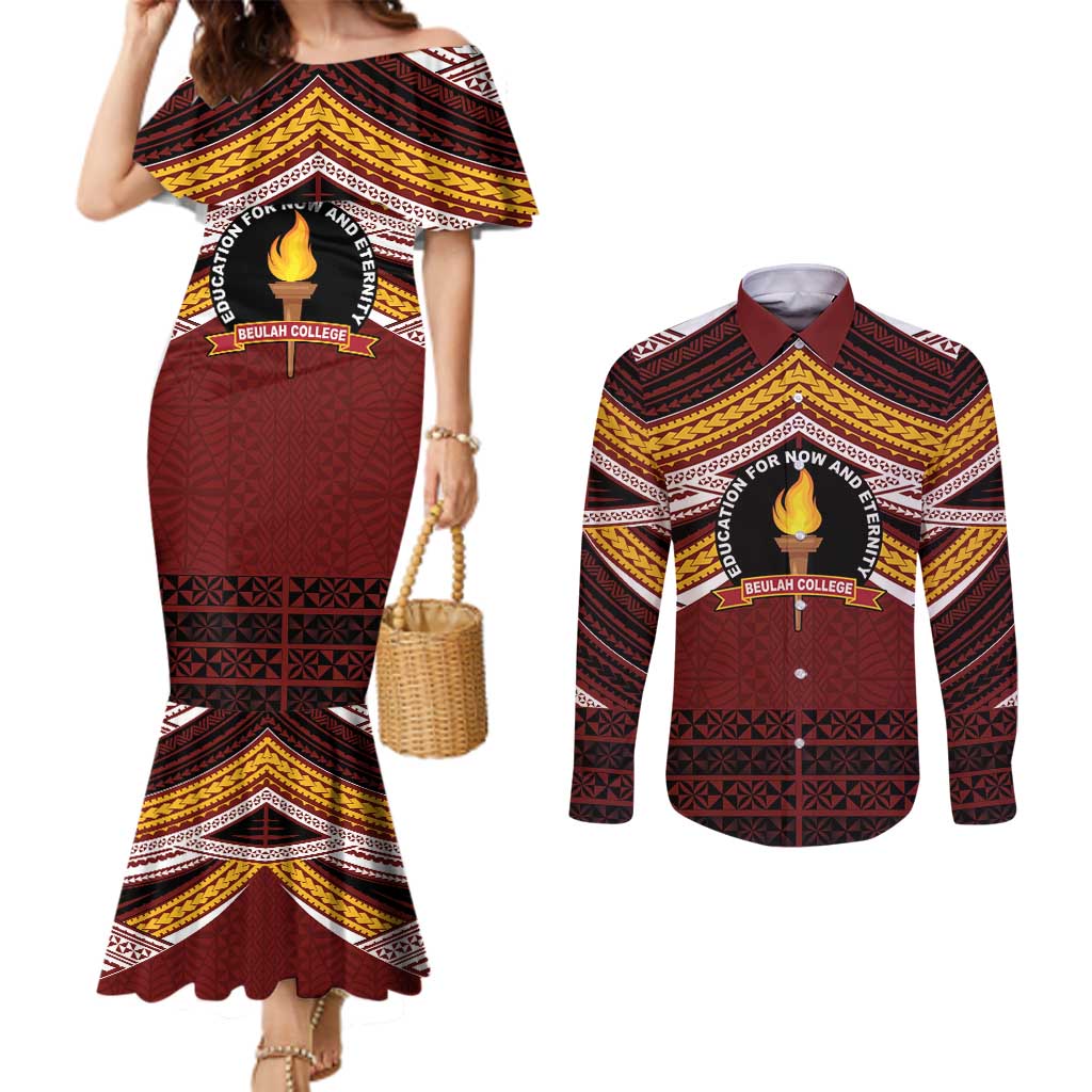 Personalised Tonga Beulah College Couples Matching Mermaid Dress and Long Sleeve Button Shirt Polynesian Ngatu Tribal LT9 Red - Polynesian Pride