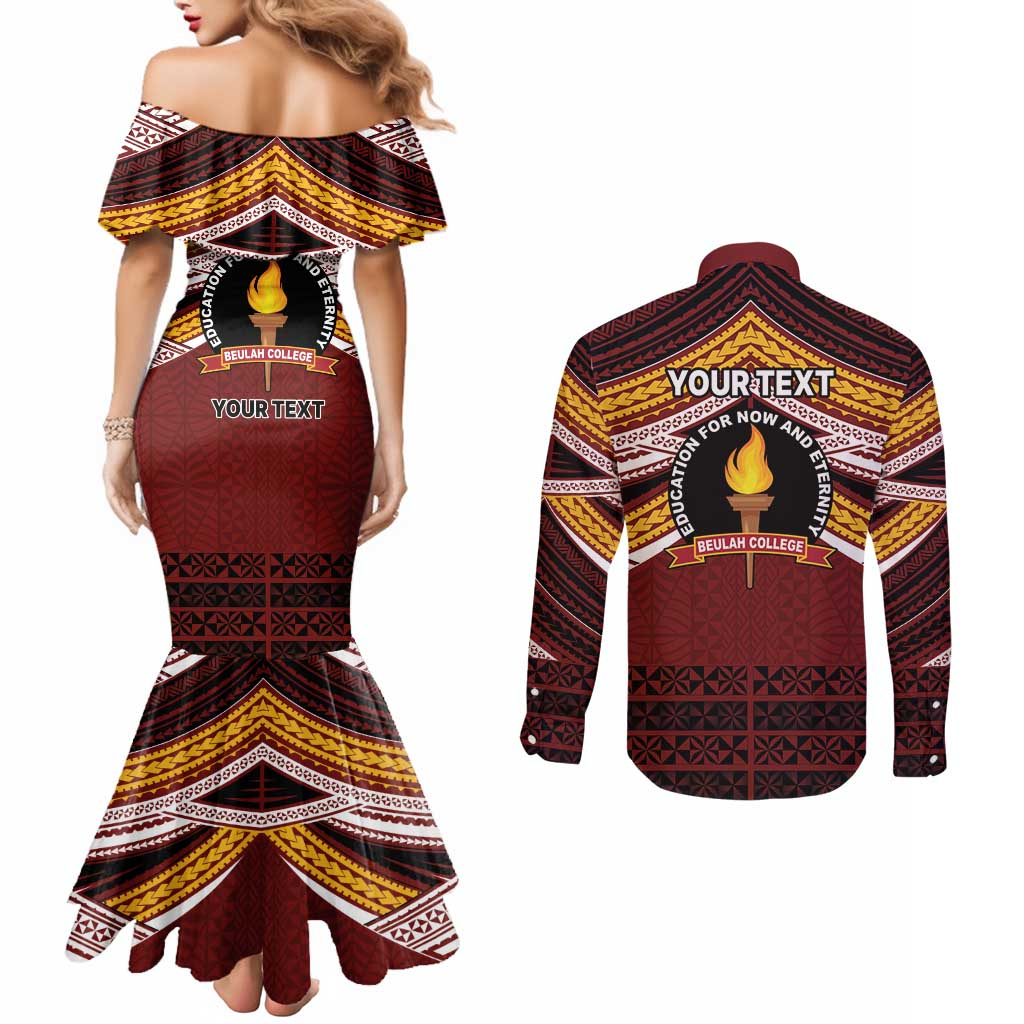 Personalised Tonga Beulah College Couples Matching Mermaid Dress and Long Sleeve Button Shirt Polynesian Ngatu Tribal LT9 - Polynesian Pride