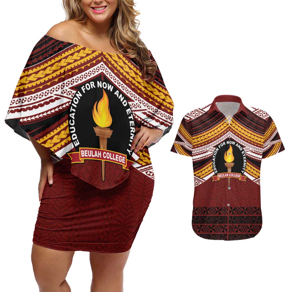 Personalised Tonga Beulah College Couples Matching Off Shoulder Short Dress and Hawaiian Shirt Polynesian Ngatu Tribal