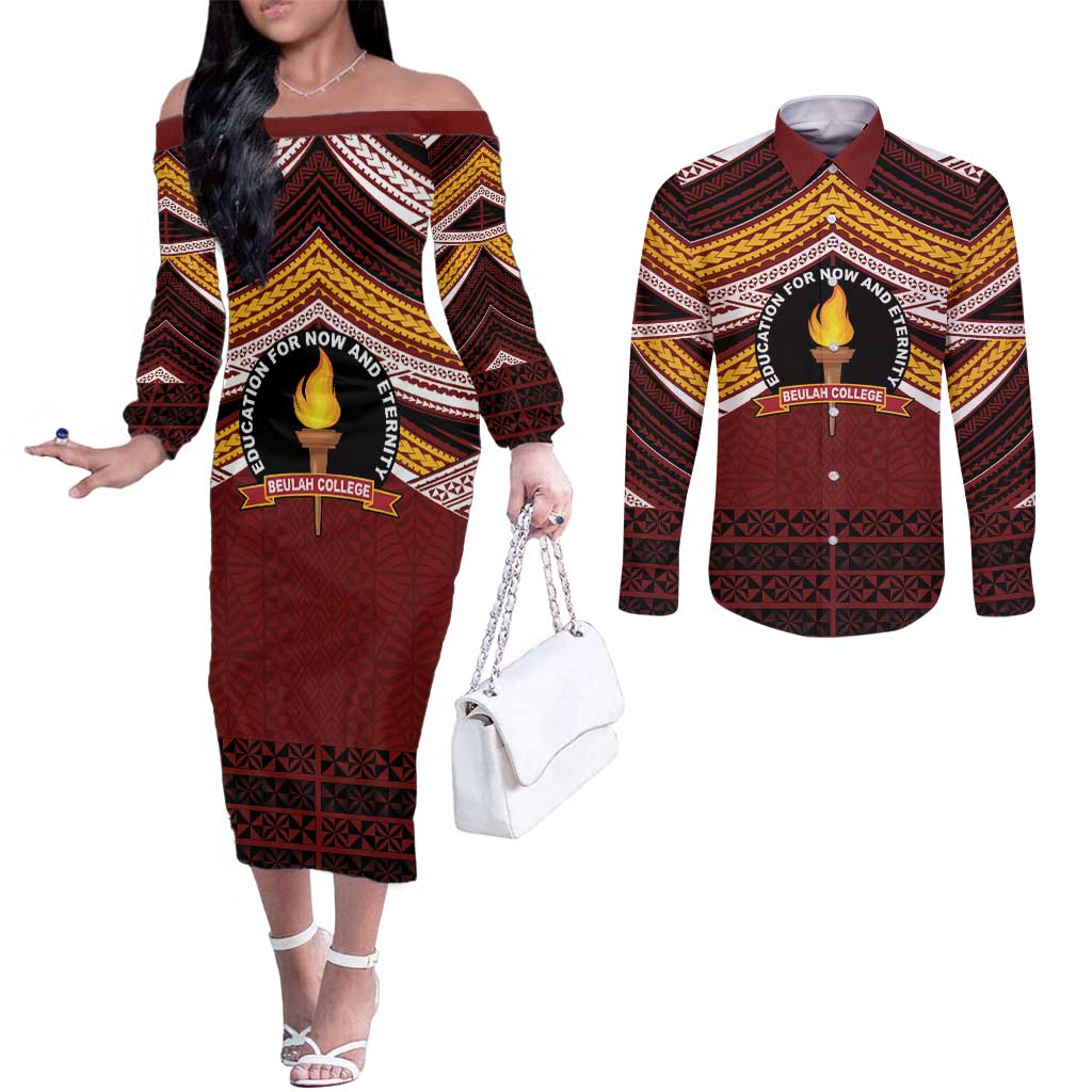 Personalised Tonga Beulah College Couples Matching Off The Shoulder Long Sleeve Dress and Long Sleeve Button Shirt Polynesian Ngatu Tribal LT9 Red - Polynesian Pride