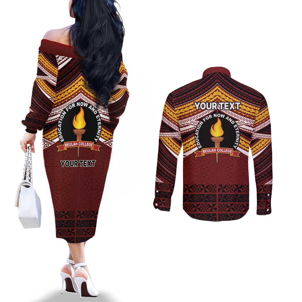 Personalised Tonga Beulah College Couples Matching Off The Shoulder Long Sleeve Dress and Long Sleeve Button Shirt Polynesian Ngatu Tribal LT9 - Polynesian Pride