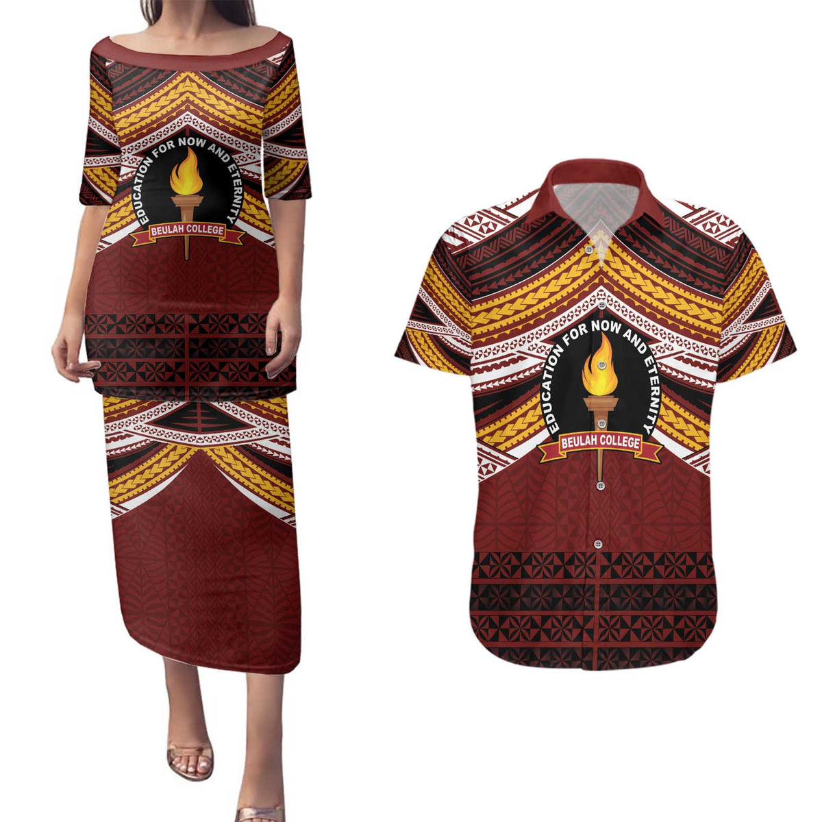 Personalised Tonga Beulah College Couples Matching Puletasi and Hawaiian Shirt Polynesian Ngatu Tribal