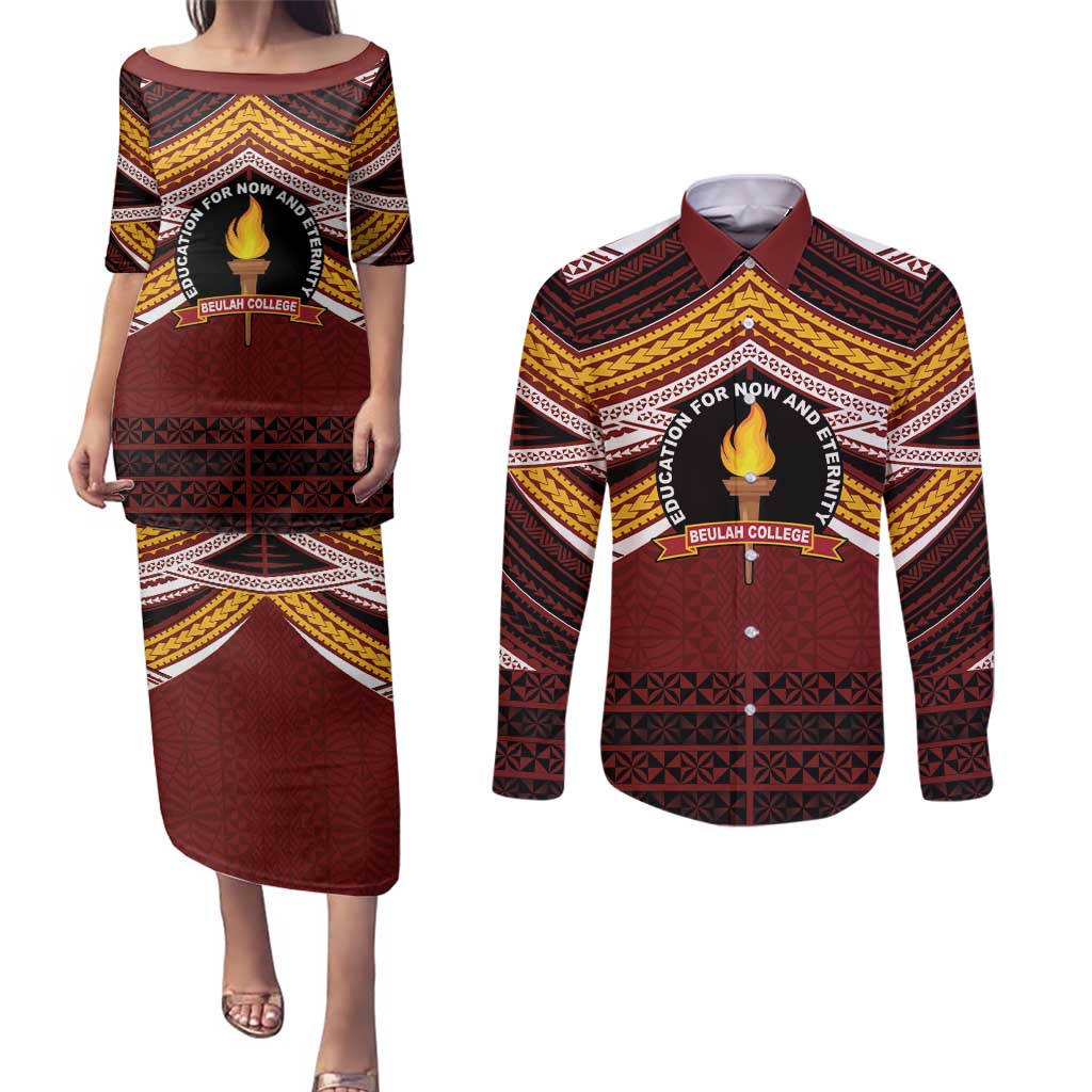 Personalised Tonga Beulah College Couples Matching Puletasi and Long Sleeve Button Shirt Polynesian Ngatu Tribal LT9 Red - Polynesian Pride