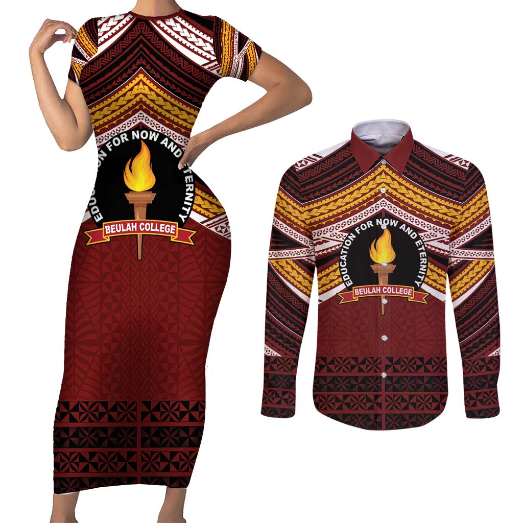 Personalised Tonga Beulah College Couples Matching Short Sleeve Bodycon Dress and Long Sleeve Button Shirt Polynesian Ngatu Tribal LT9 Red - Polynesian Pride