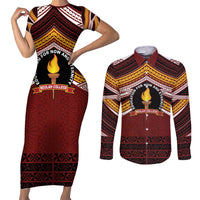Personalised Tonga Beulah College Couples Matching Short Sleeve Bodycon Dress and Long Sleeve Button Shirt Polynesian Ngatu Tribal LT9 Red - Polynesian Pride