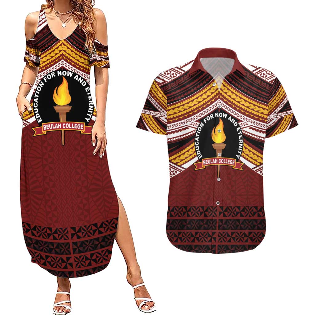 Personalised Tonga Beulah College Couples Matching Summer Maxi Dress and Hawaiian Shirt Polynesian Ngatu Tribal LT9 Red - Polynesian Pride