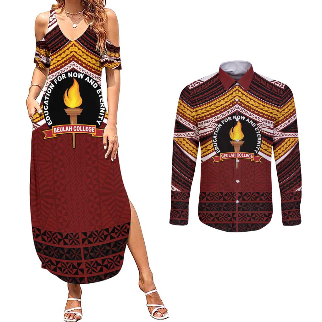 Personalised Tonga Beulah College Couples Matching Summer Maxi Dress and Long Sleeve Button Shirt Polynesian Ngatu Tribal LT9 Red - Polynesian Pride