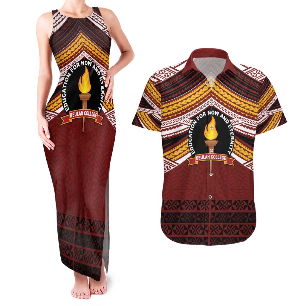 Personalised Tonga Beulah College Couples Matching Tank Maxi Dress and Hawaiian Shirt Polynesian Ngatu Tribal LT9 Red - Polynesian Pride