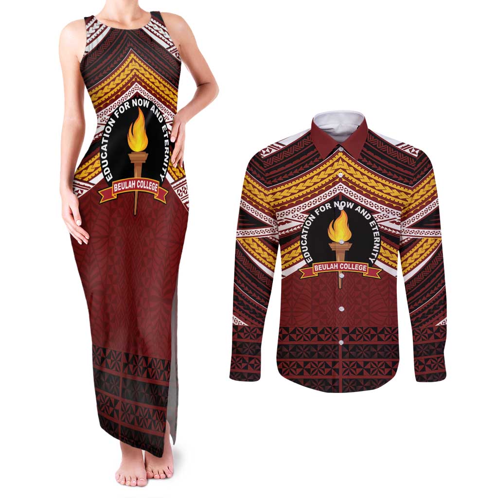 Personalised Tonga Beulah College Couples Matching Tank Maxi Dress and Long Sleeve Button Shirt Polynesian Ngatu Tribal LT9 Red - Polynesian Pride
