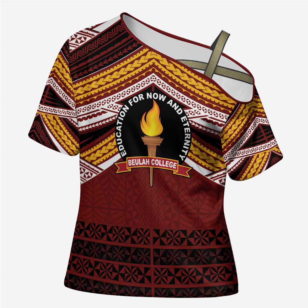 Personalised Tonga Beulah College Cross Shoulder Shirt Polynesian Ngatu Tribal LT9 Female Red - Polynesian Pride